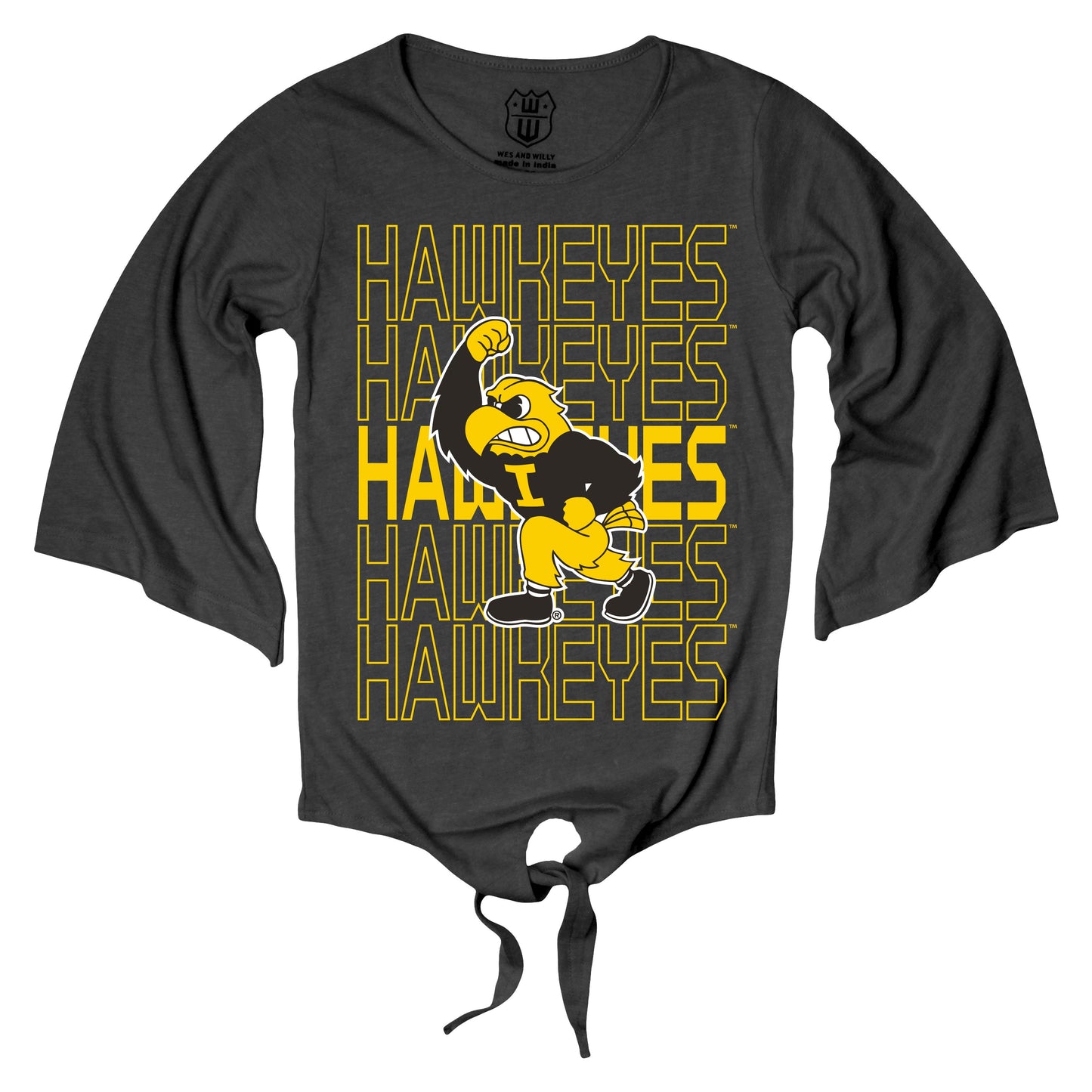 Iowa Hawkeyes Youth Girls 3/4 Sleeve Front Tie Tee