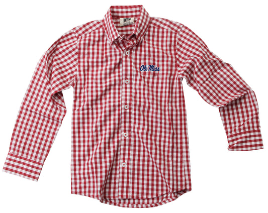 Ole Miss Rebels Youth Boys LS Gingham Shirt - Red