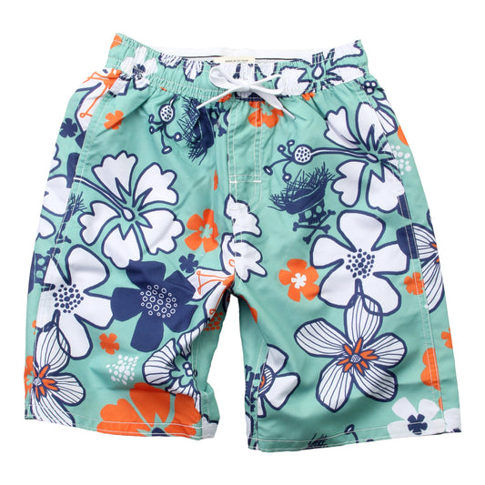 Youth Boys Green Hibiscus Swim Trunks