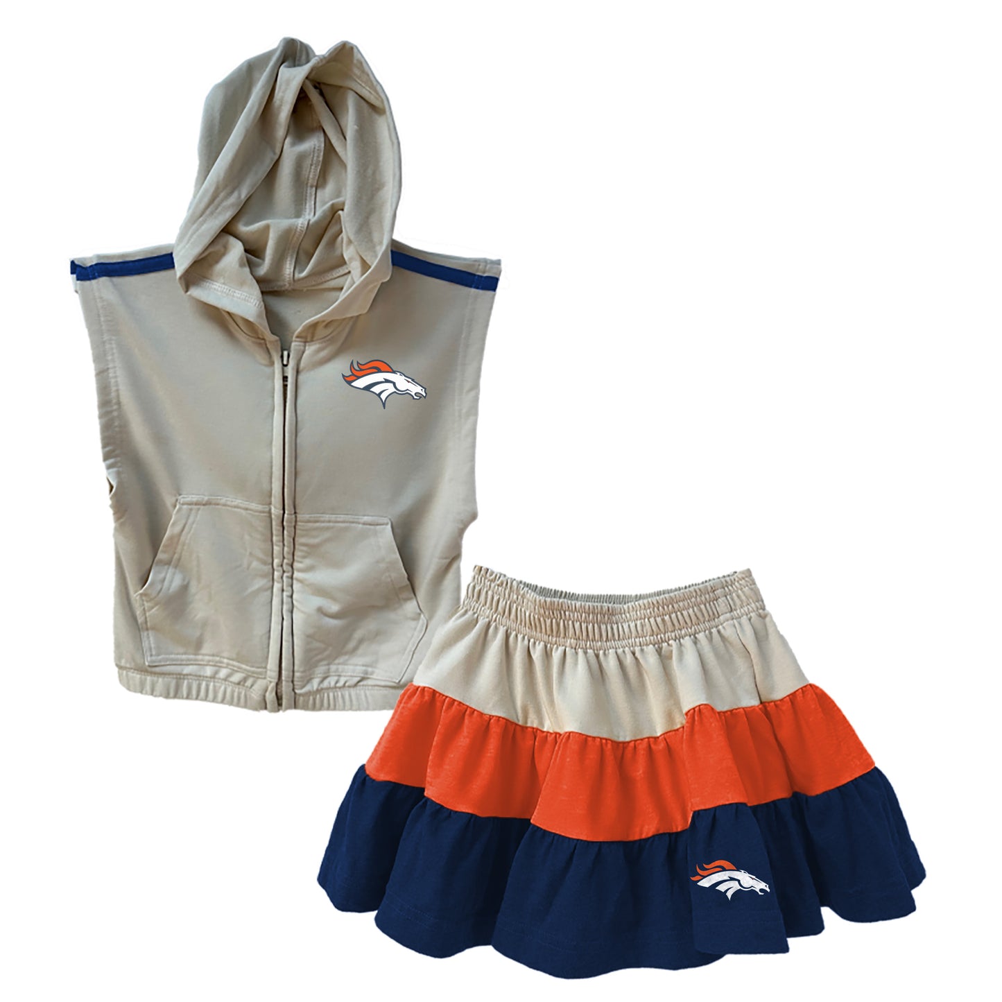 Denver Broncos NFL Girls Sleeveless Zip Hoodie and Ruffle Skirt Set