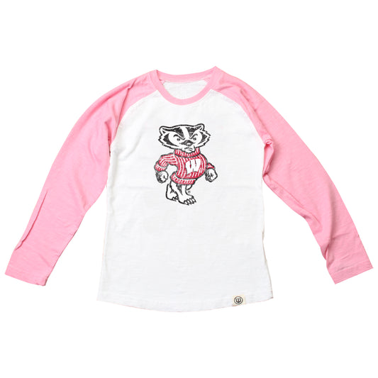 Wisconsin Badgers Youth Girls Pink LS Raglan